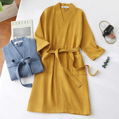 Waffle Cotton Bathrobe V-Neck — Lightweight & Breathable 4