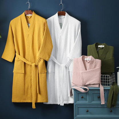 Waffle Cotton Bathrobe V-Neck — Lightweight & Breathable 6