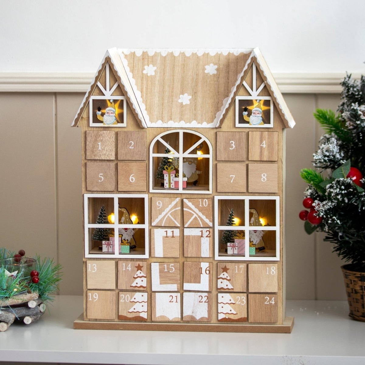 Wooden House Advent Calendar with LED Lights — 24 Doors 7