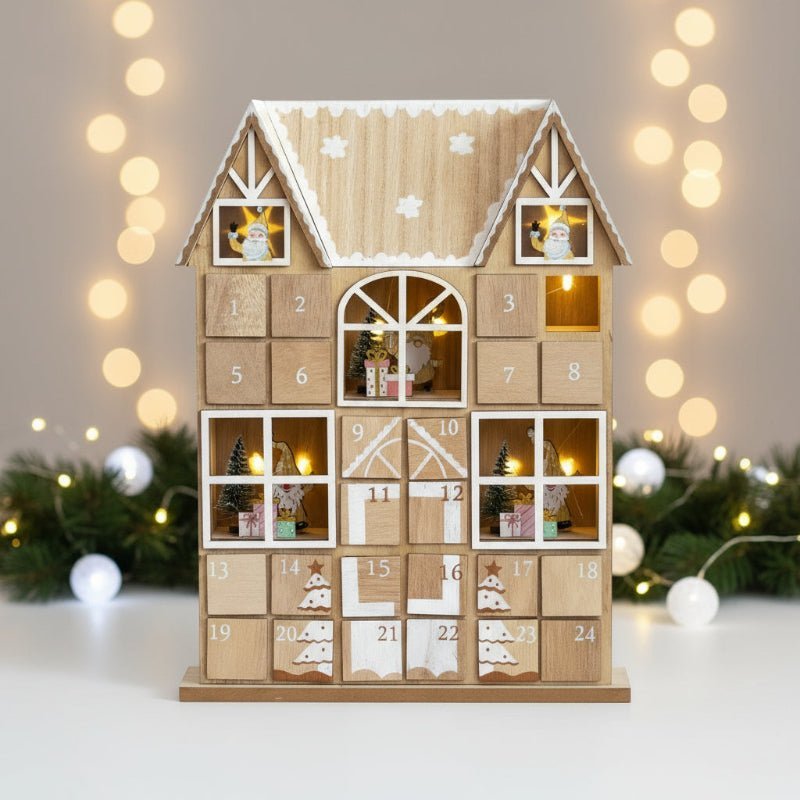Wooden House Advent Calendar with LED Lights — 24 Doors 1