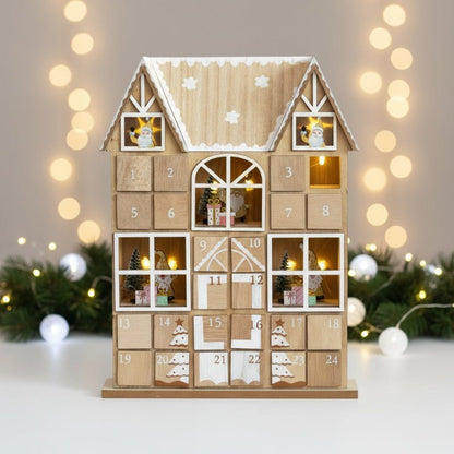 Wooden House Advent Calendar with LED Lights — 24 Doors 1