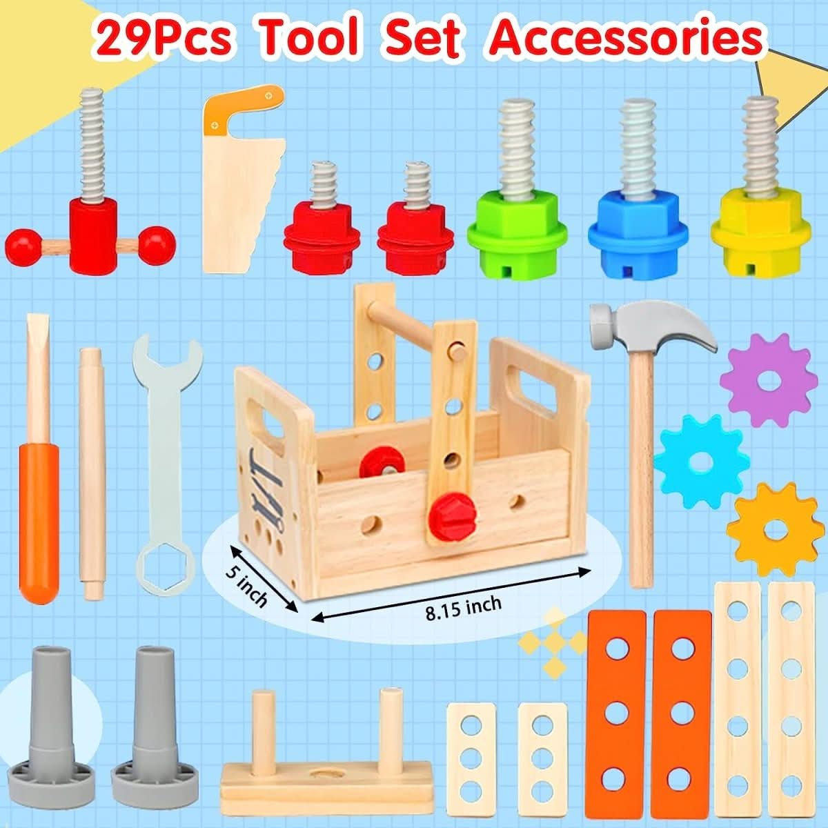Wooden Toys Toolbox for Kids – 29-Piece Building Set 3